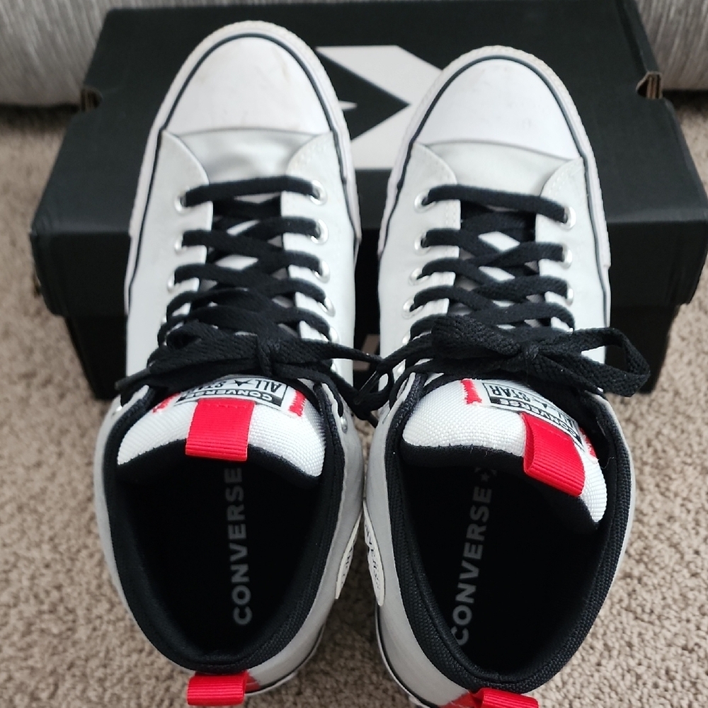 Converse Men's High Top Sneakers White Gray with Black and Red Accents - Picture 2 of 10